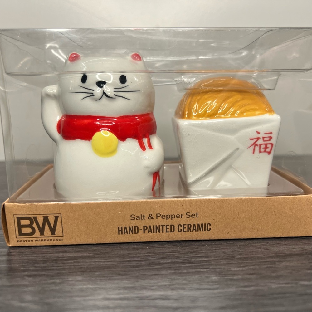 Boston Warehouse White and Red Cat with Takeout Salt & Pepper Set
